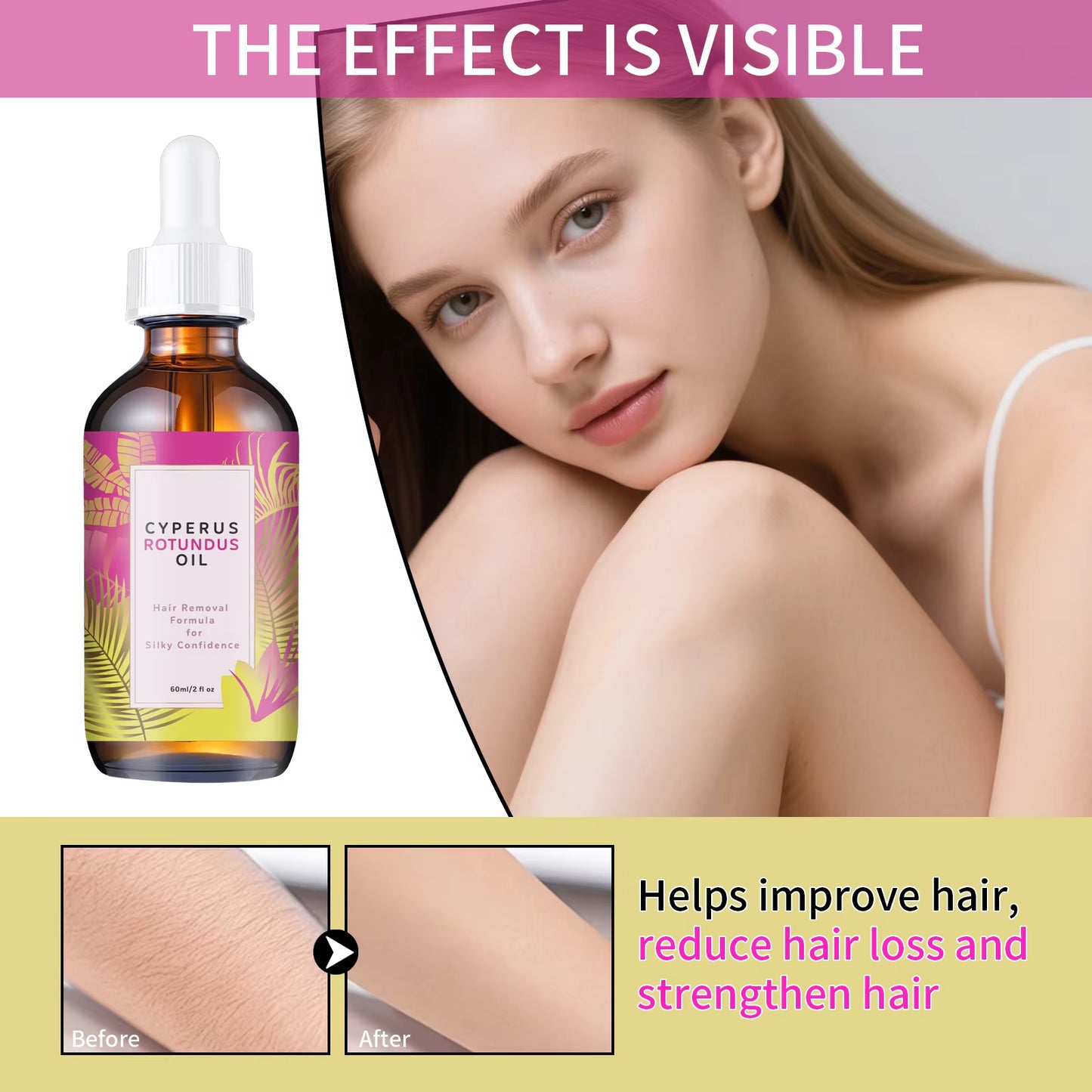 Multi-Action Hair Reduction Oil 60ml - Natural Jojoba and Almond Blend for Softer Skin and Reduced Hair Growth on Face and Body